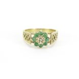 9ct gold emerald and diamond ring with pierced shoulders, size L, 2.6g :For Further Condition