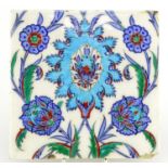 Turkish Kutahya tile hand painted with flowers and foliage, 21cm x 21cm :For Further Condition