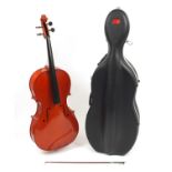 Full size cello with bow and Stagg protective travelling case, the cello back 30.5inch in length :