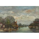 Moored boats in the river, continental school oil on board, bearing a signature B Priestman,