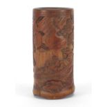 Good Chinese bamboo brush pot finely carved with figures in a boat and pine trees, 11.5cm high :