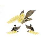 Hawaiian Ming's Honolulu ivory and sterling silver floral brooch and earrings, the brooch