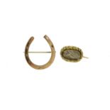 9ct gold horseshoe brooch and a Victorian unmarked gold mourning brooch, the largest 2.2cm in