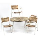 Vintage Danish teak sunburst design folding table and four chairs by Daneline, the table 67cm high x