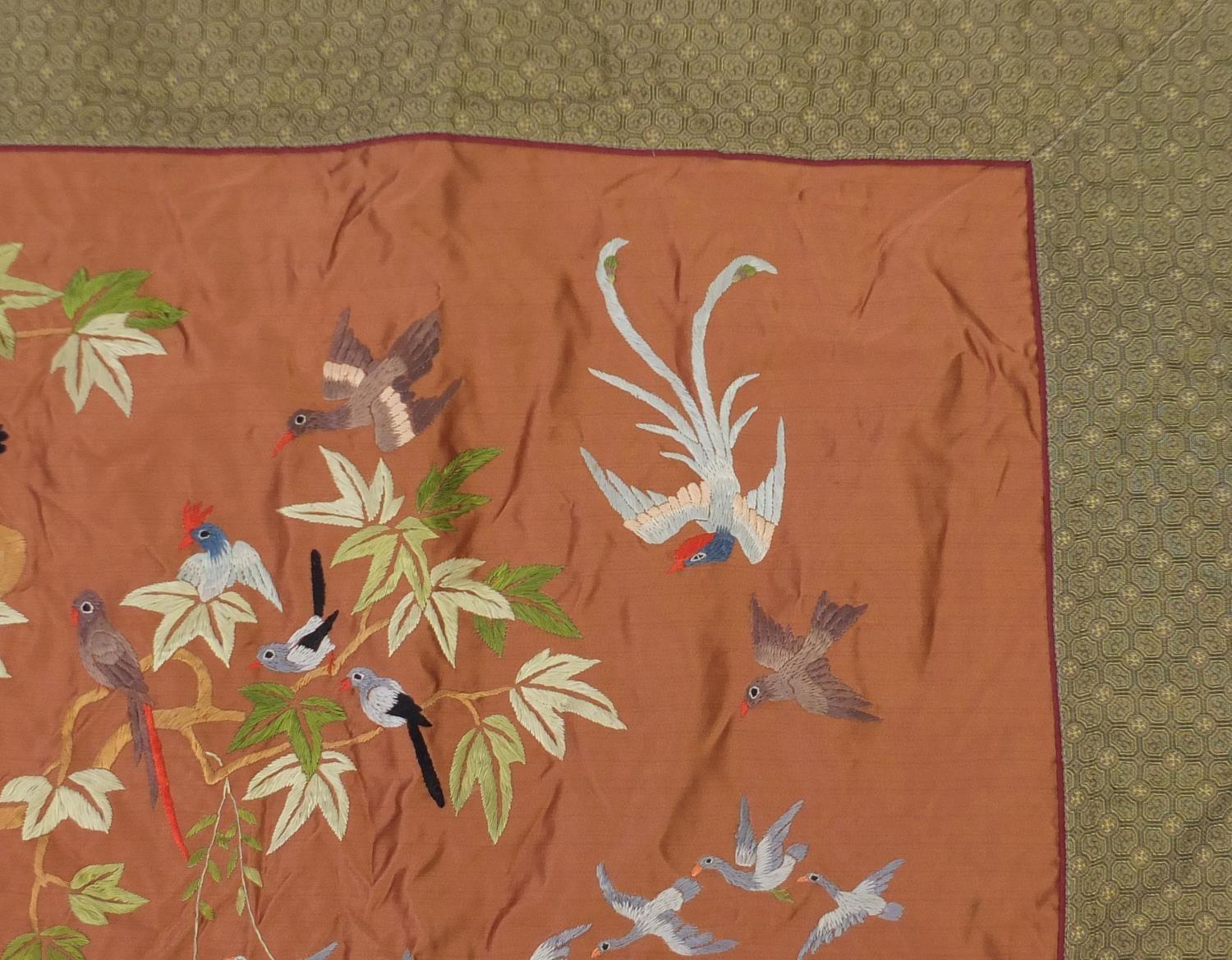 Large Chinese silk panel embroidered with birds of paradise amongst flowers, 113cm x 81cm :For - Image 6 of 8