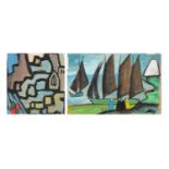 After Markey Robinson - Figures before buildings and boats, two Irish school watercolour and