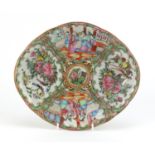 Chinese Canton porcelain dish, hand painted in the famille rose palette with figures, birds and