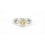 Platinum, yellow sapphire and diamond ring, size P, 4.9g :For Further Condition Reports Please Visit