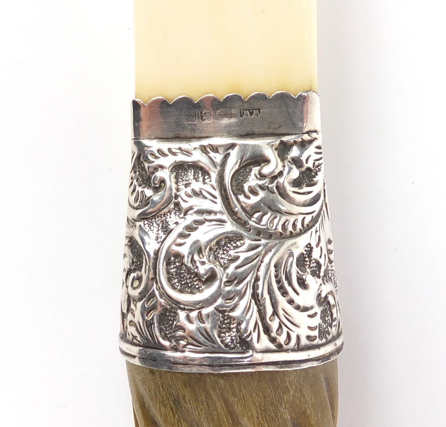 Rhinoceros horn handled ivory page turner with silver mount, indistinct Birmingham hallmarks, 34.5cm - Image 7 of 7