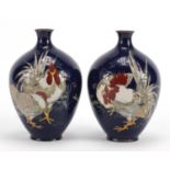 Pair of Japanese cloisonné vases, each enamelled with cockerels, each 14cm high :For Further