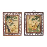 Pair of Chinese hardstone panels housed in hardwood frames, hand painted with figures and animals,