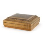 Japanese straw work box, the lift off lid with geometric designs enclosing six boxes and covers,