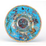 Venetian glass bowl hand painted with horse drawn carts and a castle, signed, 36cm in diameter :