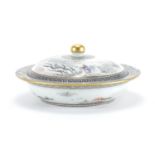 Chinese porcelain bowl and cover, hand painted with figures in a winter landscape within griselle