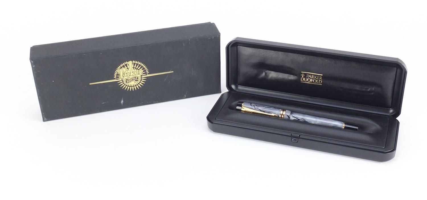 Parker duofold fountain pen with marbleised body, 18k gold nib, case and box :For Further - Image 2 of 10