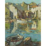 R Balles - Continental harbour, oil on board, framed, 40cm x 31cm :For Further Condition Reports
