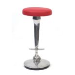 Contemporary polished aluminium bar stool with red leather seat and ball and claw support, 77cm high