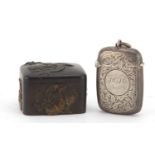 Victorian silver vesta and a Japanese bronzed metal box with hinged lid, the vesta 4cm in length :