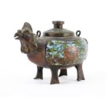 Chinese patinated bronze and cloisonné chicken incense burner, 19.5cm in length :For Further