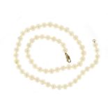 Single string cultured pearl necklace with 9ct gold clasp, housed in a lotus box, 40cm in length,