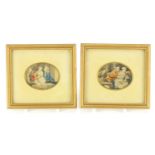 Pair of antique miniatures, hand painted with figures in interiors, mounted and framed, one with