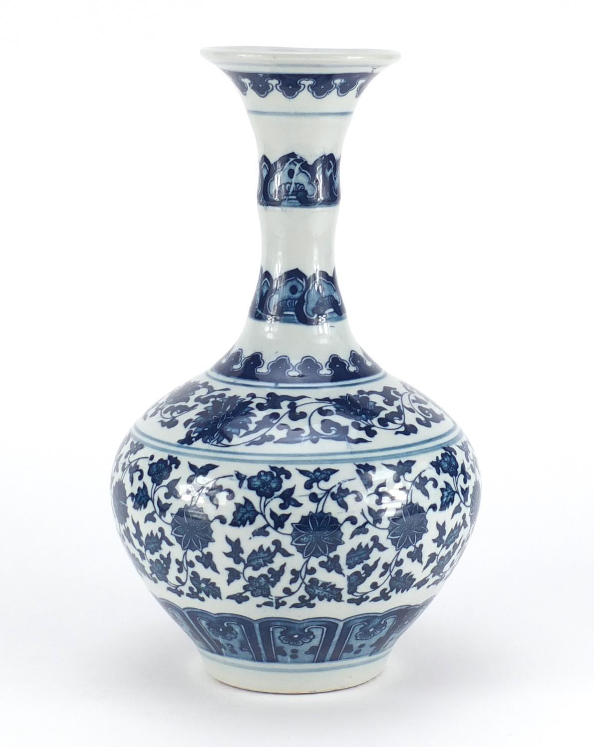 Chinese blue and white porcelain vase, decorated with flowers and foliage, six figure character - Image 2 of 4