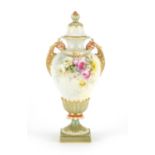 Royal Worcester vase and cover with twin handles by Cole, hand painted with roses, factory marks and