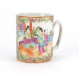 Chinese Canton porcelain mug, hand panted in the famille rose palette with figures, birds, insects
