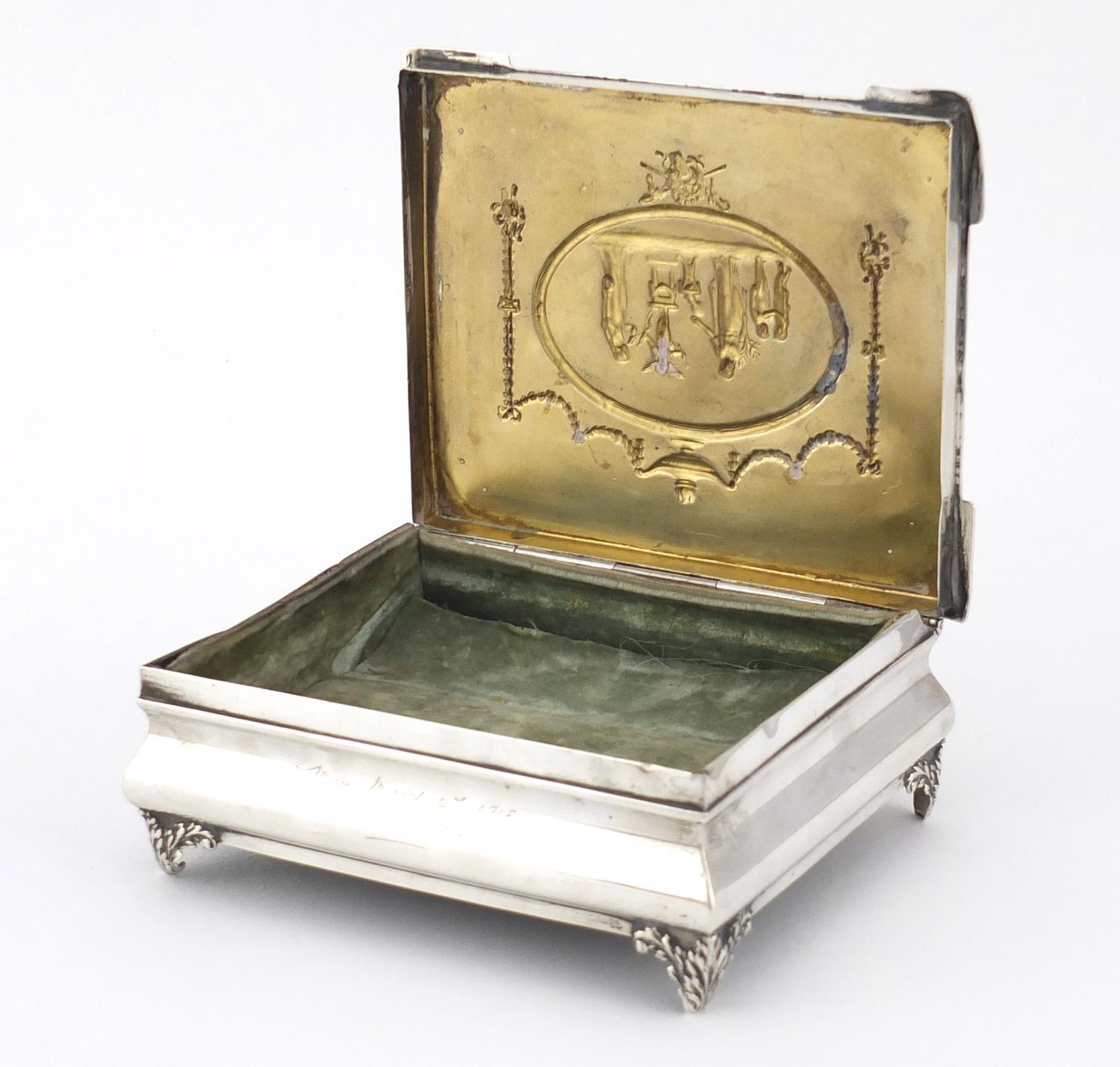 Rectangular silver jewel box by William Comyns, the hinged lid embossed with maidens, putti, swags - Image 5 of 8