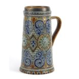 Art Nouveau Doulton Lambeth jug with silver rim by Edith D Lupton, hand painted and incised with