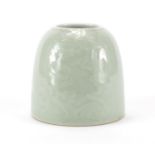 Chinese celadon glazed water pot decorated with clouds, six figure Kangxi character marks to the