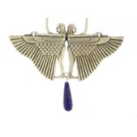 Egyptian Revival silver coloured metal winged figure pendant with lapis lazuli drop, on a