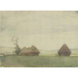Attributed to George Clausen - Hayricks, signed mixed media, Philadelphia stamp verso, mounted and