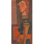 Portrait of surreal figure, modernist oil on canvas board, bearing an indistinct monogram possibly