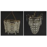 Two brass bag chandeliers with cut glass drops, the largest 30cm high x 20cm in diameter :For