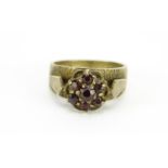 9ct gold garnet flower head ring, size L, 4.5g :For Further Condition Reports Please Visit Our