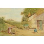 R H Walker - Mother at well and girl before a cottage, signed watercolour, mounted and framed,