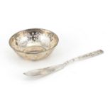 Chinese silver cake knife and a circular silver bowl by Mappin & Webb, the largest 19cm in length,