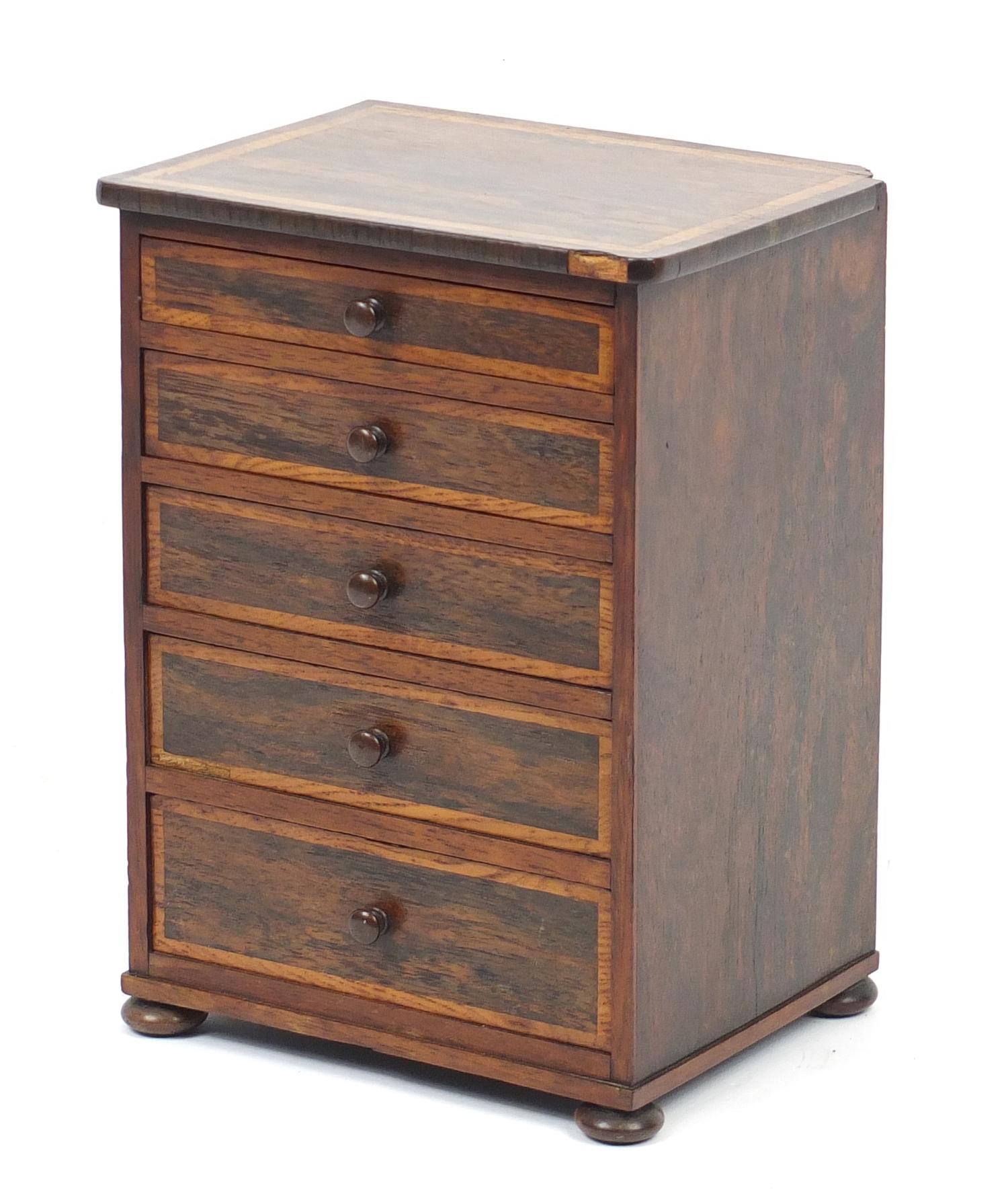 Victorian rosewood five drawer apprentice chest with oak inlay, 37.5cm H x 27.5cm W x 21cm D :For