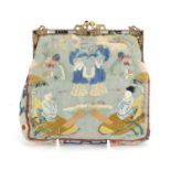 Chinese gilt metal mounted silk work purse depicting figures and boats, 17.5cm high :For Further