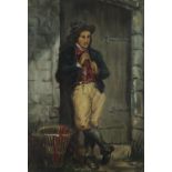 Young man standing playing a flute, Italian school oil on board, bearing a monogram IT, framed, 33cm