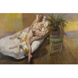 After Lucian Freud - Nude male with his dog, oil on board, framed, 75cm x 50cm :For Further