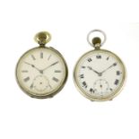 Two gentleman's silver open face pocket watches, each 5cm in diameter :For Further Condition Reports