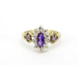 9ct gold amethyst and clear stone ring, size O, 3.4g :For Further Condition Reports Please Visit Our