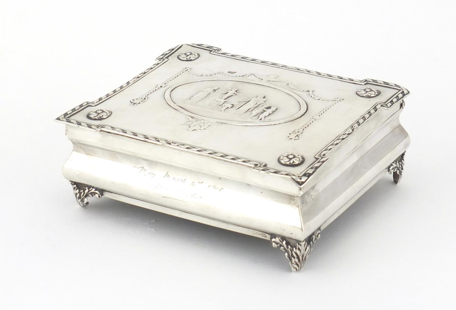 Rectangular silver jewel box by William Comyns, the hinged lid embossed with maidens, putti, swags - Image 2 of 8