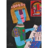 Attributed to Zbigniew Stanley Kupczynski - Female playing a keyboard, mixed media, inscribed verso,