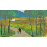 After Markey Robinson - Two figures walking on a path through fields before cottages, Irish school