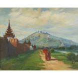 Attributed to Kyi Winn - Two monks outside a monastery, oil on canvas, inscribed verso, mounted