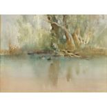 Ian Armour-Chelu 1983 - Trees by a still pond, watercolour, labels and inscriptions verso, mounted