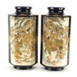 Large pair of Japanese Satsuma pottery vases with hexagonal bodies, each finely hand painted with